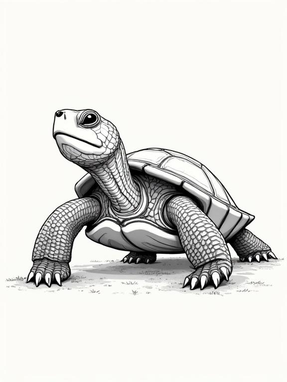 Detailed lineart drawing of a turtle. Turtle appears in a dynamic pose with realistic features. Background is plain for emphasis on the turtle. Turtle is well-defined with clear outlines.