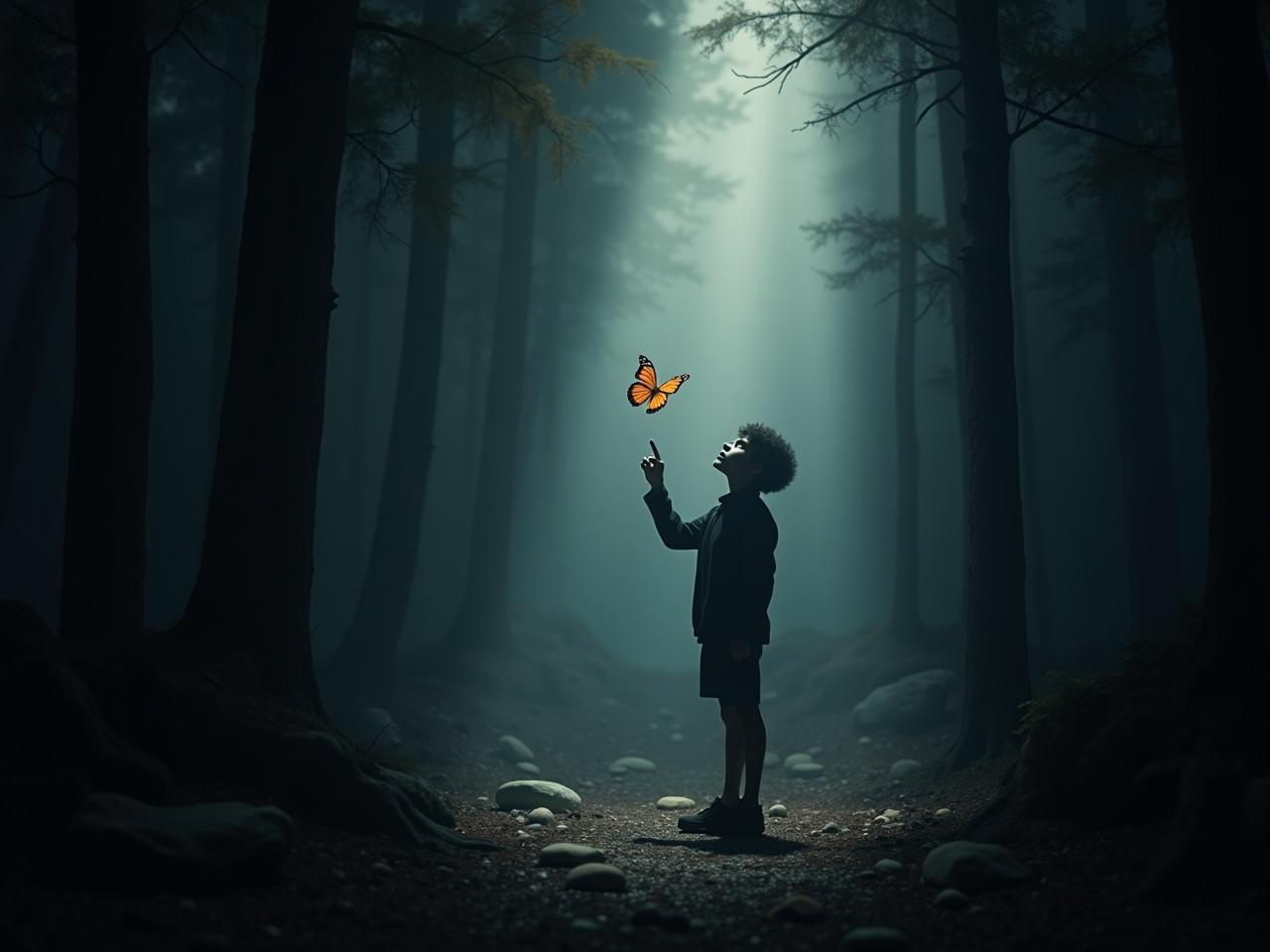 The scene depicts a mysterious figure standing in a dimly lit, forested area. The silhouette of the person is highlighted against a soft beam of light coming from above. They are pointing upward towards a colorful butterfly that flutters nearby, creating a sense of wonder and hope. The ground is littered with scattered debris and rocks, adding to the atmospheric tension of the scene. The surrounding trees are dark and shadowy, enhancing the feeling of isolation. This image evokes emotions of curiosity and the search for beauty in a desolate place.