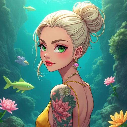 Anime inspired character design featuring a woman with bright emerald green eyes posing underwater. She has a light blonde French bun and is adorned with light pink diamond jewelry. Her outfit is futuristic and edgy, showcasing tattoos and a cybernetic leg. Background includes aquatic life and colorful lotus flowers among a luxurious aquarium setting.