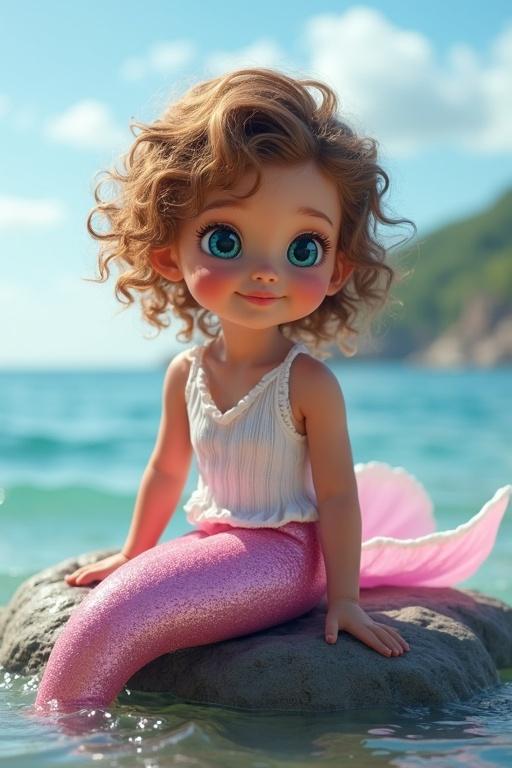 Image of a toddler mermaid with curly hair sitting on a rock by the ocean. She has a sparkling pink tail and wears a white top. The mermaid looks towards the shore with a cheerful expression.