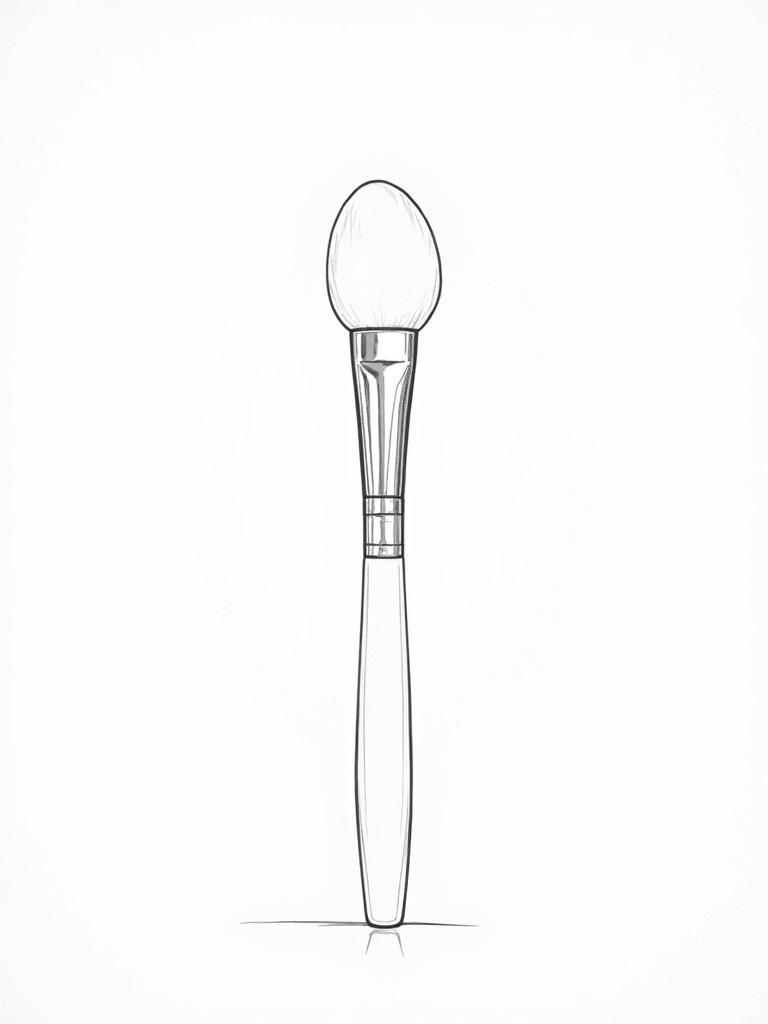 Detailed minimalist sketch of a silicone applicator brush. View from the front. Features flat wide rounded top. Metallic ferrule connects top to cylindrical handle. Smooth ergonomic handle. Resembles product blueprint. Transparent background without labels.