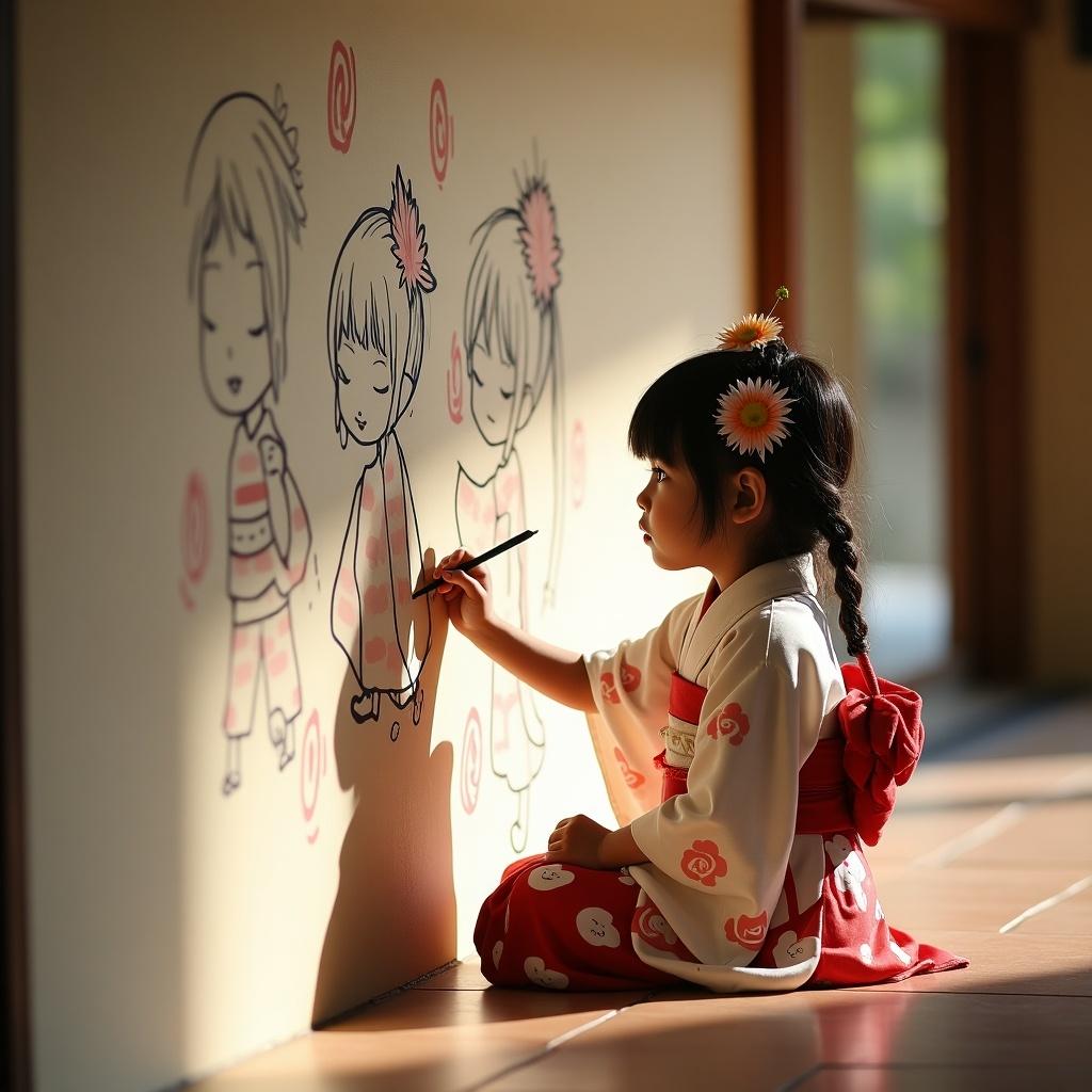 A young girl wearing a traditional Japanese kimono sits on the floor. She gracefully draws cute characters on a wall. Intricate designs on her kimono and a decorative hairpiece with flowers complement her attire. The background shows wooden architecture typical of Japan. Soft natural light emphasizes her contemplative expression. The scene communicates tranquility and cultural pride.