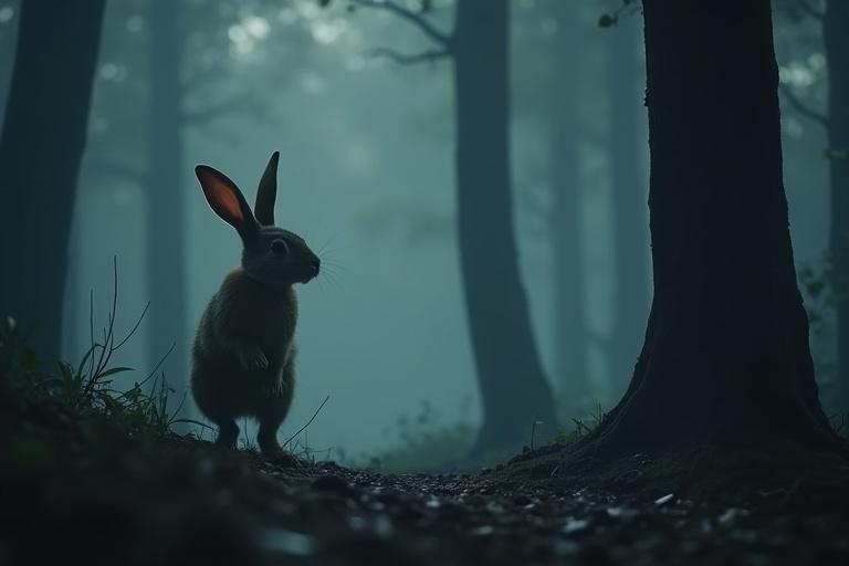 Rabbit stands at the edge of a dark forest. Rabbit appears to breathe heavily. Mist envelops the surroundings.