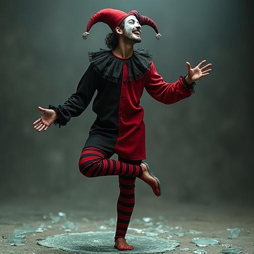 Jester balances on one leg over broken glass. Feet show slight bleeding. The pose is poetic. Smile conveys peace amidst pain. Costumed in red and black, barefoot.