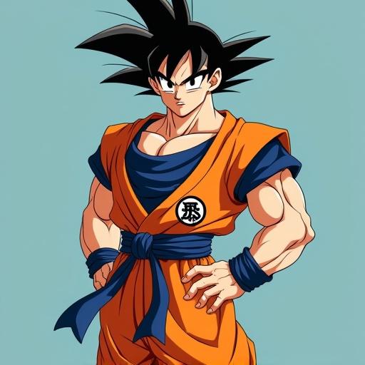 Goku wearing FR Botafogo clothing has a muscular build. Goku stands confidently with a serious expression. The background is a solid color.