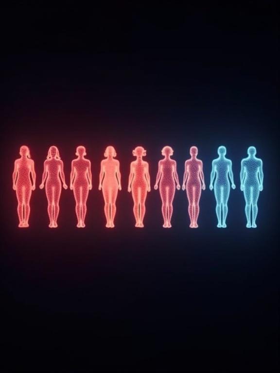 A line of glowing human shapes representing male and female. The figures are in red and blue tones against a dark background. They are arranged symmetrically to emphasize difference and equality.