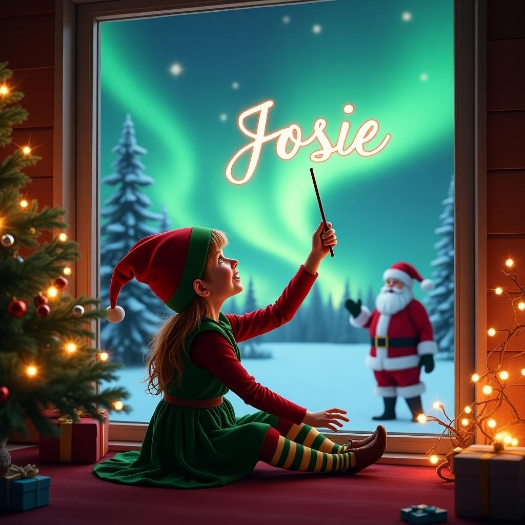 Magical Christmas scene. Girl dressed as an elf sits by window. She gazes upwards in awe. In hand, a wand writes the name 'Josie' in the sky. Outside, northern lights shine. In the distance, Santa Claus enhances holiday cheer. Room decorated warmly. Cozy atmosphere with festive spirit.