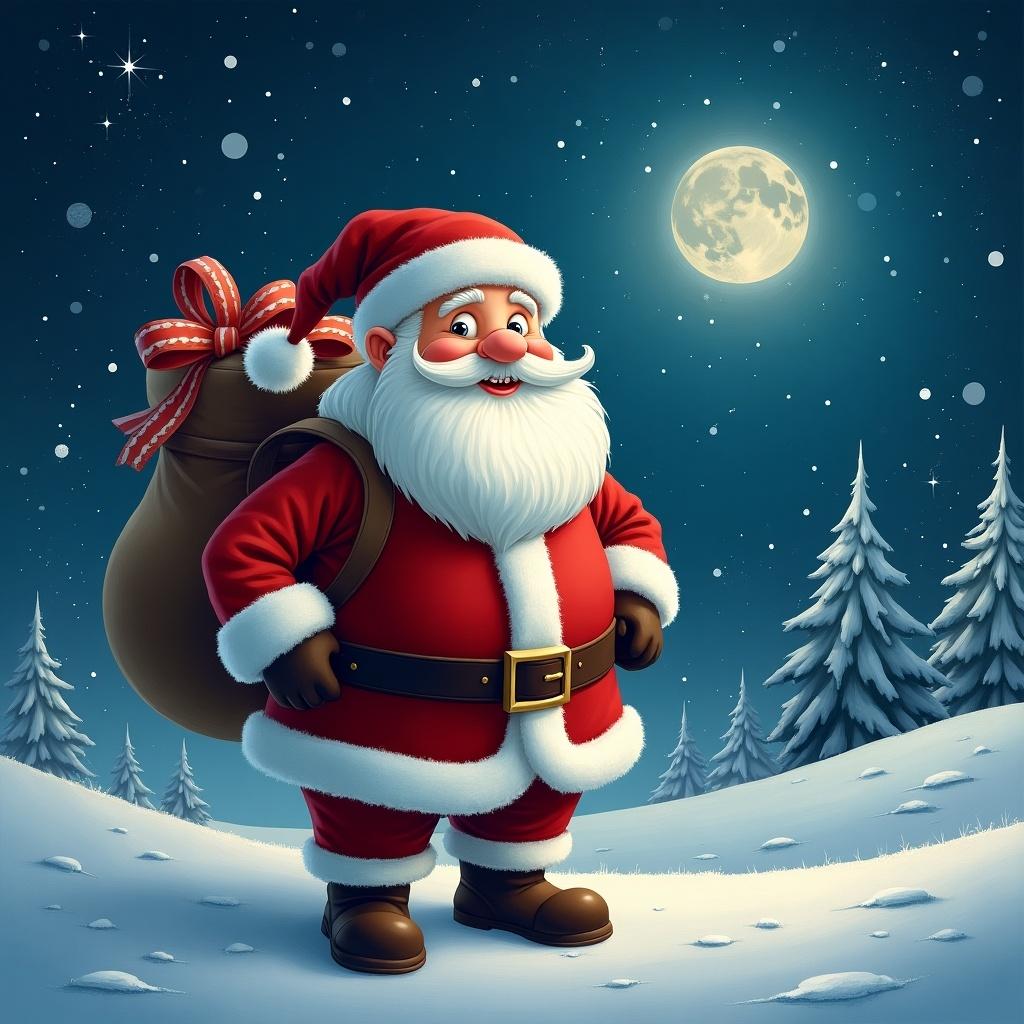 Santa stands in a snowy landscape. He wears a red suit and holds a large bag. The background features snow-covered trees and a bright moon. The atmosphere is festive.