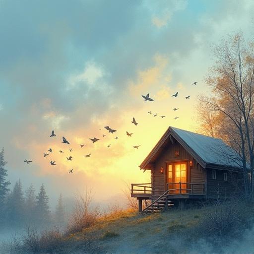 Small birds fly towards a glowing cabin roof. Lyrical realism style with digital pastel sketch media. The mood is calming with soft movement. Curved path of birds guides the eye to the house. Enhanced by a sky gradient and fluttering motion in diffused golden hour light.