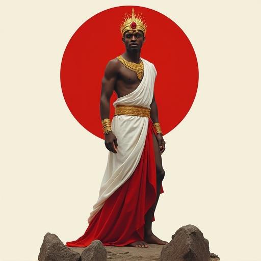 Full body portrait of a majestic young male orisha with dark skin, wearing an elegant white and red tunic and a tall golden crown covered with golden beads. Holds a golden double axe with red stones firmly. Adorned with golden bracelets on arms and ankles. Barefoot with one foot on a rock. Minimalist background with a large red circle behind the character resembling a halo. Subtle volcanic rocks at the bottom. Clean background to highlight the character. Realistic and elegant painting style.
