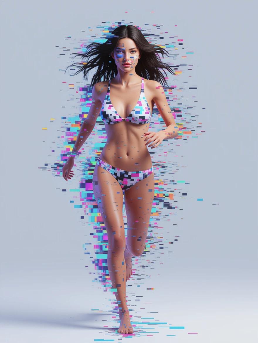 Medium shot of a female figure running towards the camera rendered in glitch art. Body visually fragmented into pixel blocks with vibrant color static effects. Experimental aesthetic with distorted geometry and avant-garde elements.
