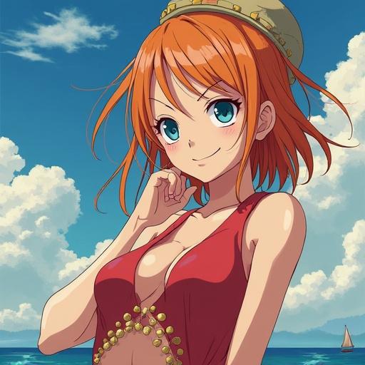 Anime character Nami from One Piece poses at the beach with an expressive smile. She has orange hair and wears a red swimsuit. Background features a blue sky and ocean.