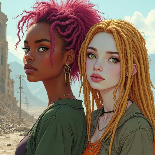 Drawing of a woman with pink hair and green eyes in a post-apocalyptic city. The city is destroyed. Her friend has blonde dreadlocks and fair skin. They are standing side by side.