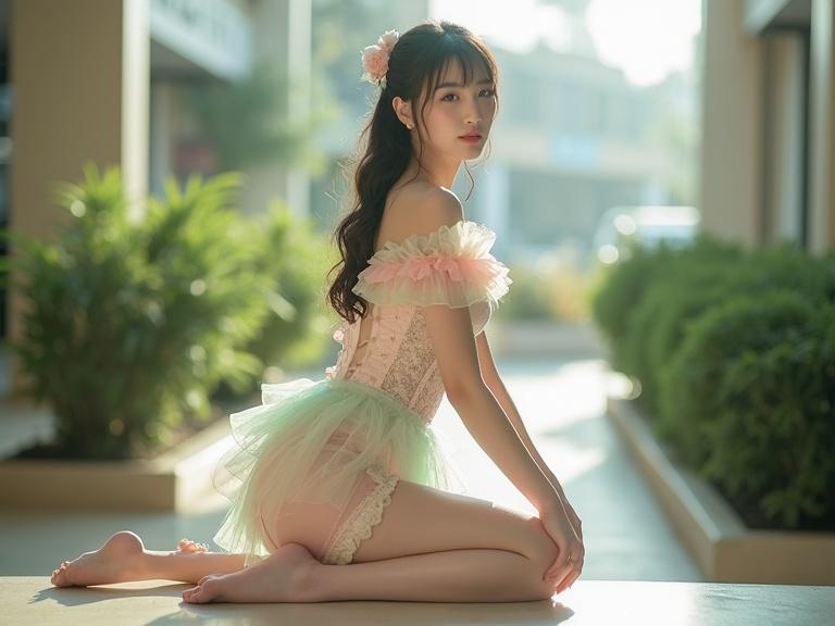 Full body shot of a lady in a pastel frilly outfit on all fours on a counter in a mall. The outfit includes a corset with lace and frills in pink, cream, and mint. She has vintage-style undies and her hair tied back. Her serene expression adds to the vintage fairytale feel. The mall has greenery and soft natural light enhancing the details.