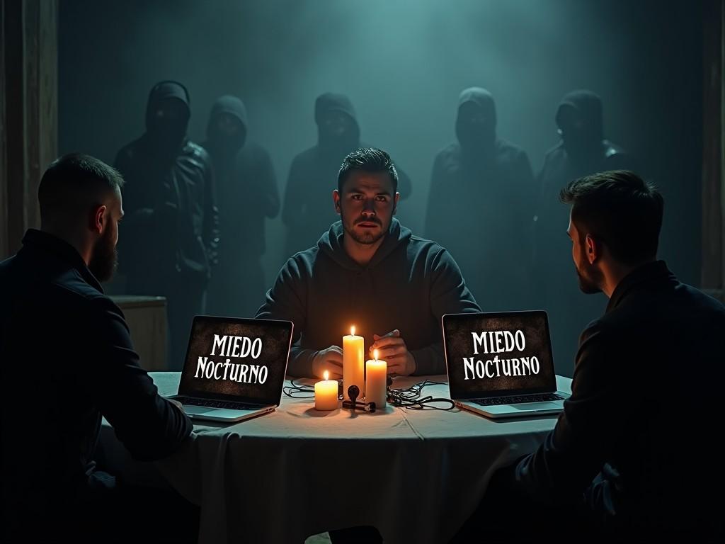 The image features a tense scene with a man sitting at a table, flanked by laptops that display the phrase 'Miedo Nocturno.' The atmosphere is dim and foreboding, illuminated by candlelight, suggesting a theme of fear. In the background, hooded figures create a sense of danger and mystery. The overall composition evokes emotions related to suspense and intrigue. This setup can easily be associated with horror movies or thriller narratives.