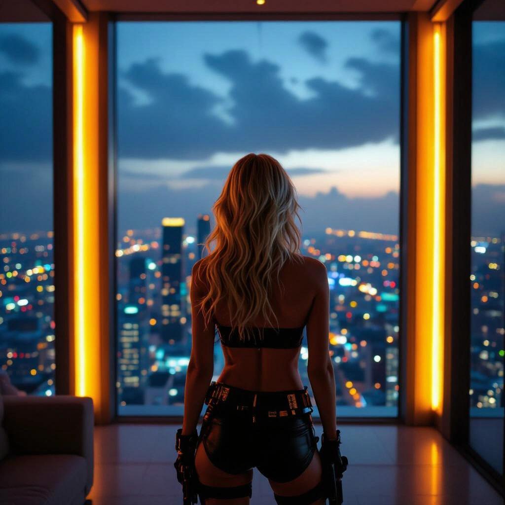 Image shows a distant view of a female figure. She has blonde hair and wears a crop top. A luxurious penthouse suite is in the background. The scene is set against dark skies with a glowing city skyline at dusk.
