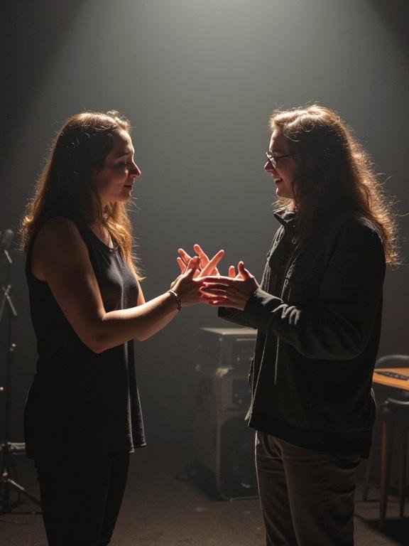 An interaction between two directors exchanging batons. The faces are not visible. Musicians playing wind instruments are blurred in the background.
