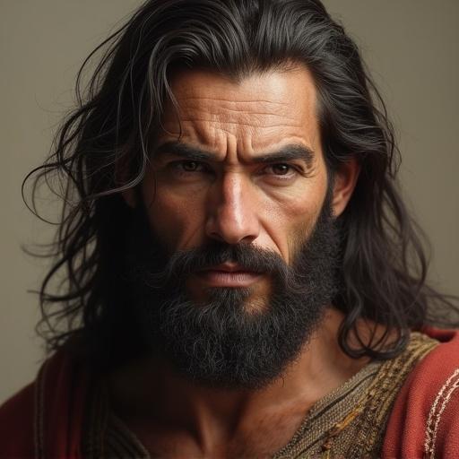 Generate image of a middle aged man from Yamnaya culture on ancient Pontic Caspian steppe. Features robust face with square jaw, broad zygomatic breadth, aquiline nose. Light olive skin, brown eyes, long dark brown hair.