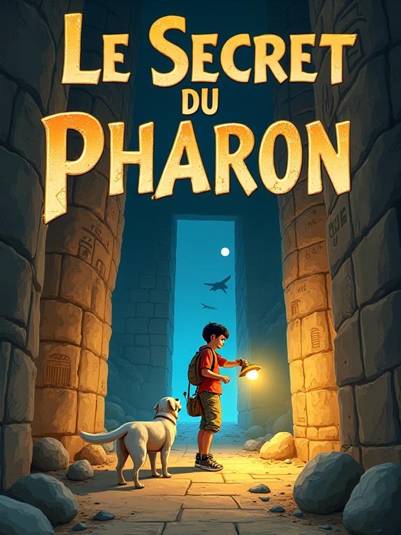 Illustration depicting a young explorer in an Egyptian tomb. A boy holds a flashlight, revealing ancient symbols. His friend uses a high-tech tablet. A white Labrador watches over them. The atmosphere is mysterious and adventurous, with shadows and dramatic lighting. The title is stylized in an adventurous font with Egyptian influences.