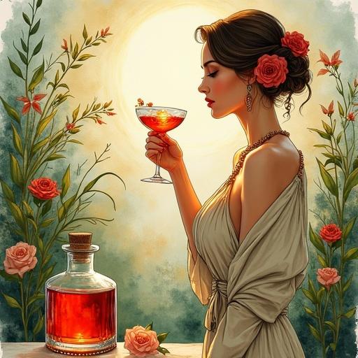A vibrant ink and watercolor illustration depicts a stylized advertisement featuring a 1920s speakeasy atmosphere. A voluptuous goddess with an hourglass figure wears a semi-transparent silky blouse and wrap skirt. She toasts with an elegant cocktail glass containing sparkling reddish herbal liqueur. The setting includes wildflowers and herbs, lush greenery, and a lower apothecary-style bottle labeled 'ALFRUNO'. The color scheme draws from earthy tones, with whimsical watercolor textures and bold brushstrokes that evoke elegance and pleasure in an enchanting scene.