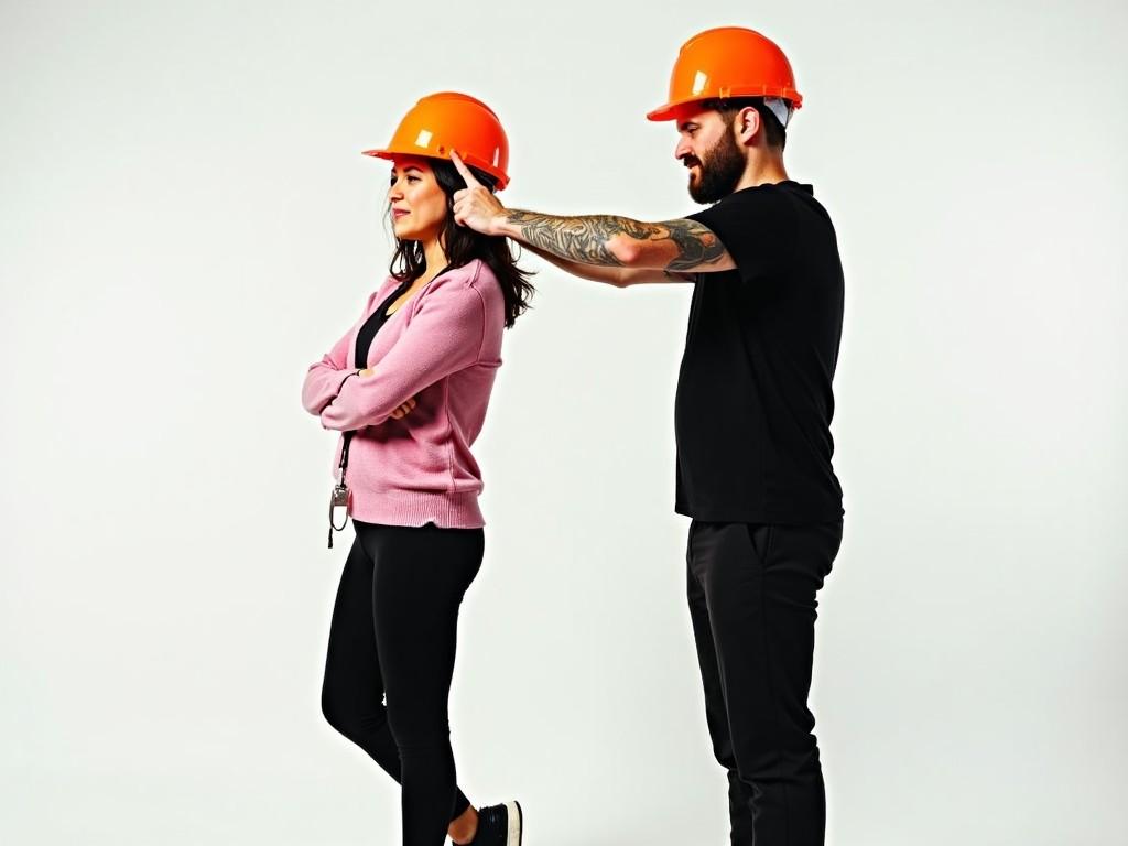 The image shows two people wearing orange construction helmets. The person on the left is standing with arms crossed and is wearing black leggings, a pink sweater tied around the waist, and black sneakers. They also have a badge hanging around their neck. The person on the right is adjusting the helmet of the other person. They are wearing a black t-shirt and pants, and have visible tattoos on their arms. Both appear to be having a light-hearted moment.