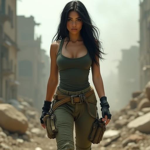 A fighter girl strides through smoking urban ruins. She has long jet-black hair. She wears a tight-fitting sleeveless tank top and olive green cargo pants. The outfit shows signs of wear. She has a utility belt and combat boots. Her eyes scan the surroundings with determination.