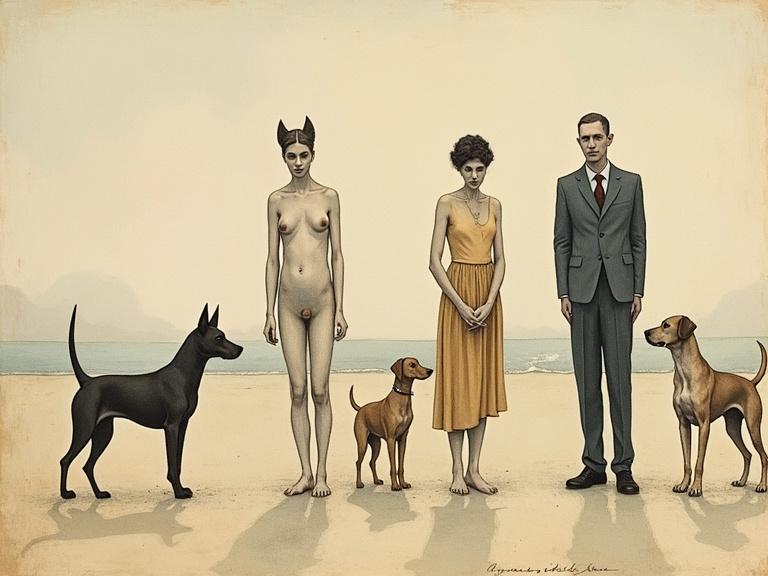 Match naked men and match stick women with dogs in a surreal style. Setup includes a man in a suit and a woman in a yellow dress standing with dogs on a beach. Artistic style reflects influences of surrealism with human-animal contrasts.