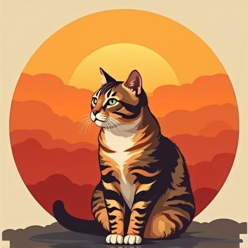 Illustration of a compact British Shorthair cat with a round face and stocky build. The cat features horizontal stripes in evening colors such as rust red orange and honey gold. It is set against a circular sunset sky with a glowing amber sun and soft cloud layers. The artwork follows a captivating geometric style with warm colors.