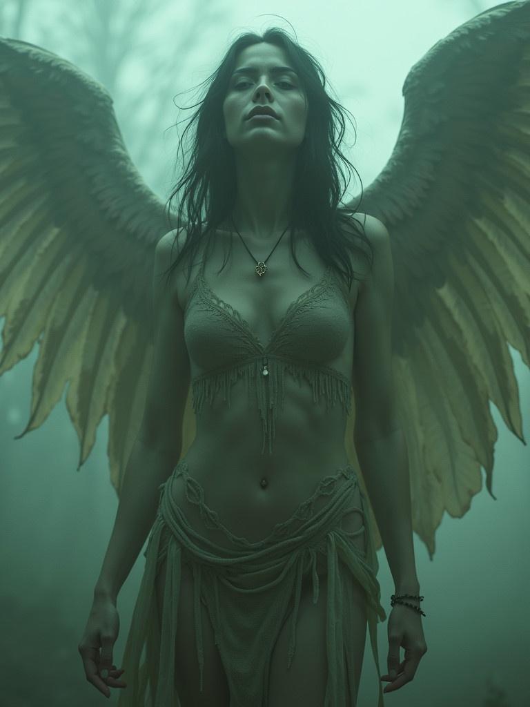 A female angelic figure with large wings stands in a foggy setting. The goddess exudes a mystical aura. The atmosphere is dense with mist. She wears a revealing outfit that complements her silhouette. Her alluring presence is enhanced by the fog.