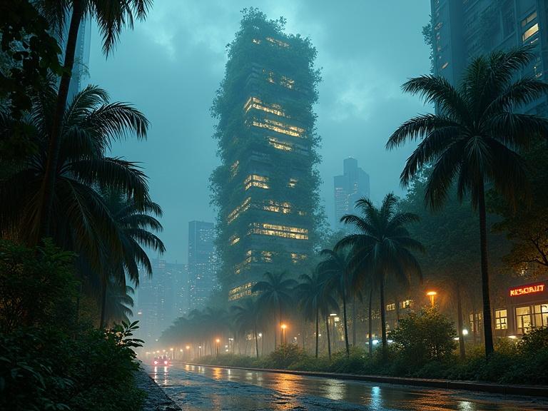 A futuristic biotech corporate tower stands tall amidst a cyberpunk tropical city. Tower is constructed of mycelium and algae. Neon-embedded membranes pulse with light. Streets are wet and reflect soft light from the building. Cables intertwine with vines. Holograms flicker amidst nature. Scene features a rainy atmosphere with palm trees lining the street.