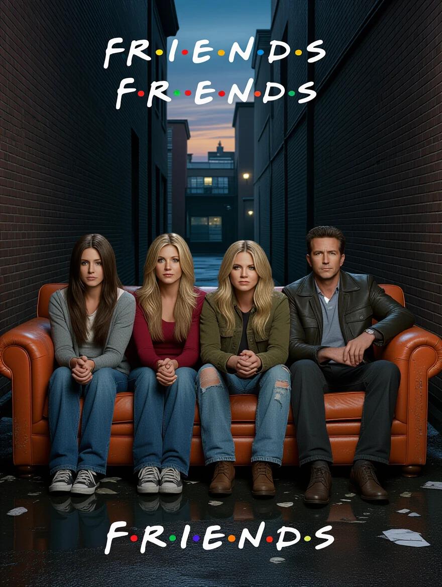 Four people resembling characters from a popular TV show sit on a dirty orange sofa. The setting is a grimy urban alley at dusk. Their clothing is torn and dirty. They show signs of sadness and exhaustion. Surrounding scene includes overflowing trash and graffiti. The image has a desaturated tone with a cold blue tint.
