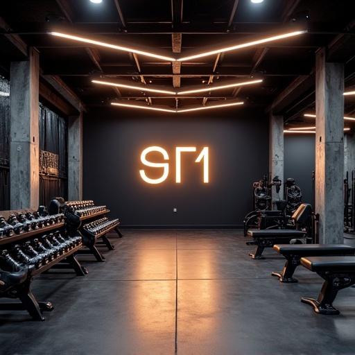 High-end gym interior features industrial style design. Dark color palette includes gray and black. Exposed concrete pillars provide a modern aesthetic. LED strip lighting is embedded in a geometric false ceiling. Gym contains professional strength training equipment such as dumbbells and benches. The space is spacious and well-organized. Warm lighting creates an inviting atmosphere. Glossy rubber flooring enhances the modern look. Bold illuminated logo 'SF1' is prominent on the wall. High resolution captures cinematic lighting with dramatic perspective.