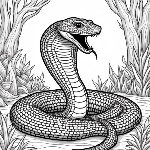 Illustration of a cobra snake in a forest. In black and white, suitable for adults to color. Designed as a mandala. Size 8.5 inches by 11 inches.