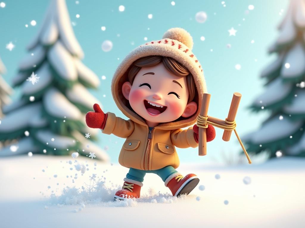 A 3D cheerful cartoon illustration of a child playing in the snow. The child is smiling broadly while holding a slingshot made of sticks and rubber bands. They are bundled up in a cozy jacket and colorful mittens, with snowflakes gently falling around them. In the background, there are snow-covered trees creating a playful winter scene. The overall vibe is joyful and playful, capturing the essence of childhood fun in the snow.