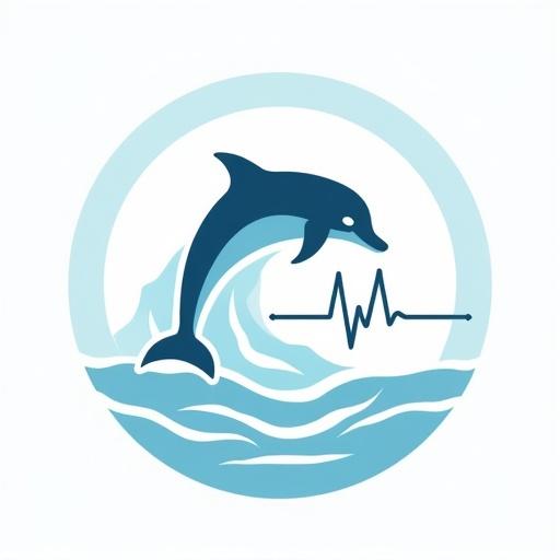 Circular emblem featuring a dolphin above a wave. EKG heartbeat line integrates with the design. Limited blues and white. Clean vector art style.