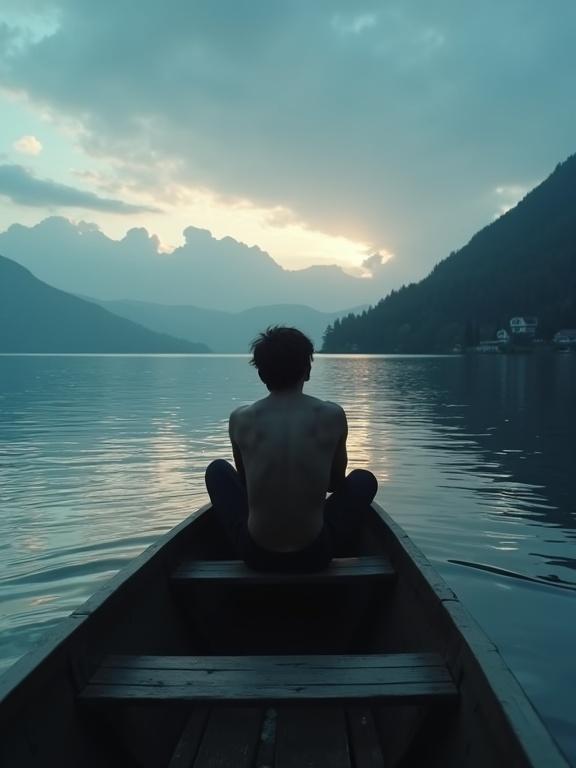 Wide shot featuring a serene lakeshore at twilight. A young male in his early 20s sits tired and hunched in a rowboat. He stares emptily into the calm, silent water. Gentle waves glimmer beneath clouds in the background. Distant silhouette of a lakeside villa adds to the tranquil scene, embodying solitude and despair.