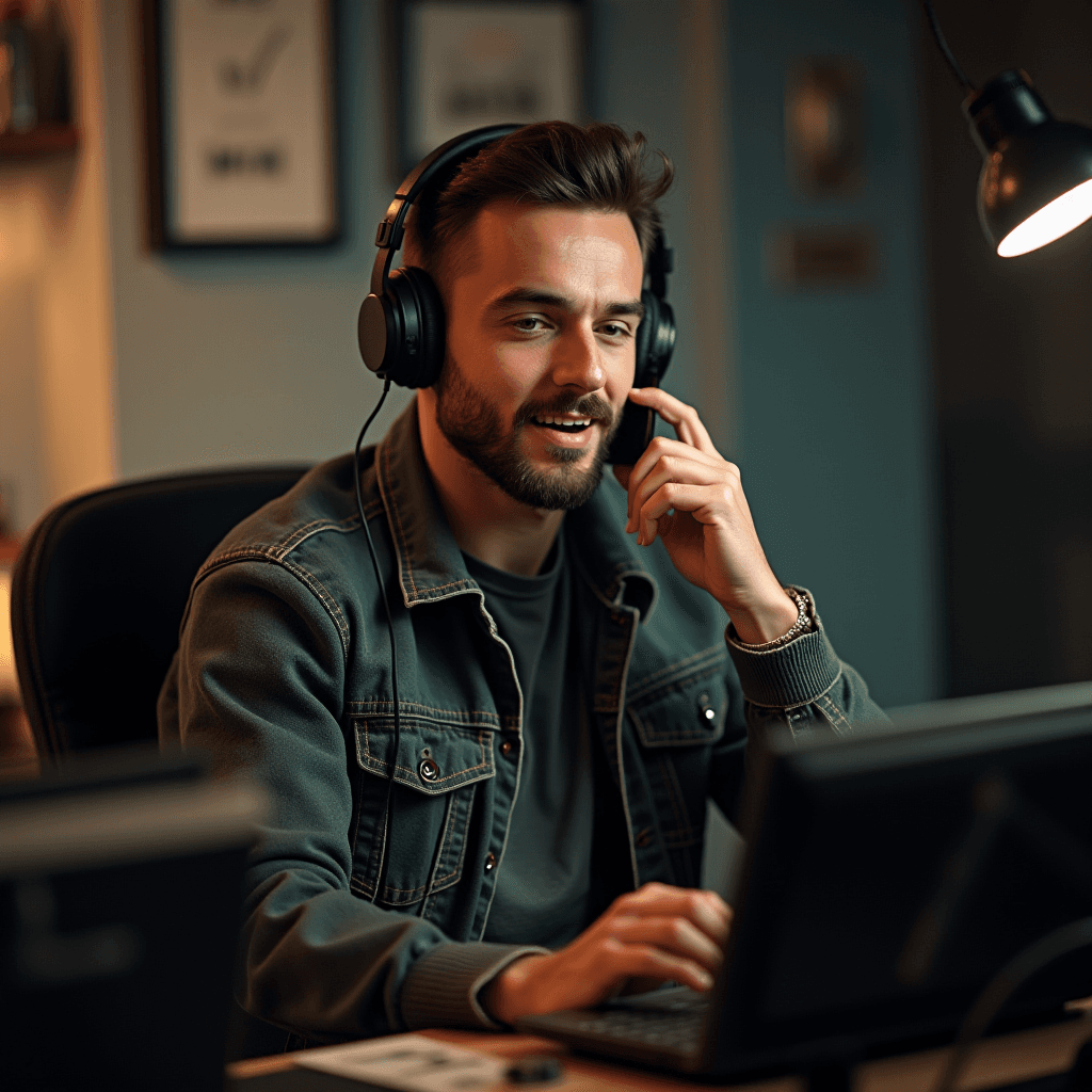 A man engaged in a phone conversation while working at a computer, wearing headphones.