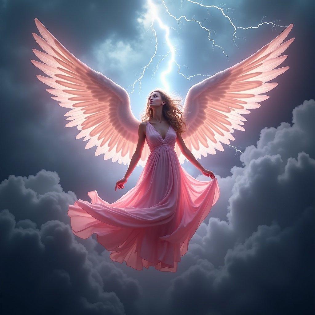 Majestic angel soaring through stormy sky. Angel has wide-spread wings and wears a flowing pink dress. Scene filled with dramatic lightning and ominous clouds. Blends nature's fury and divine calm. Hair and dress flowing contrast turbulent backdrop.