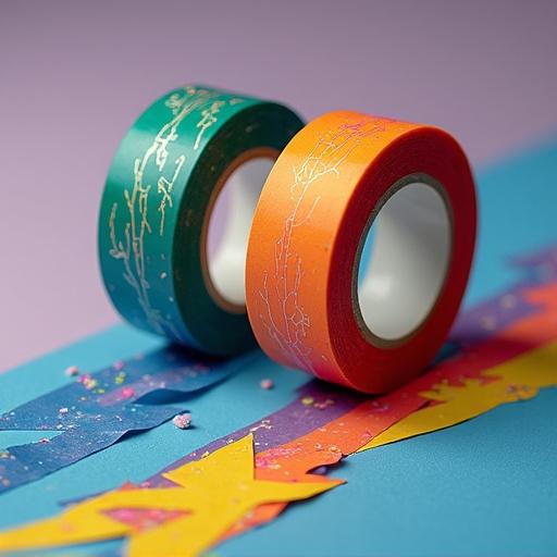 Show colorful sealing tape rolls with lightning bolt designs on colorful background. One tape is teal with gold foil lightning; the other tape is orange also with gold foil. Creative scene with other colorful paper and elements scattered around the tape.