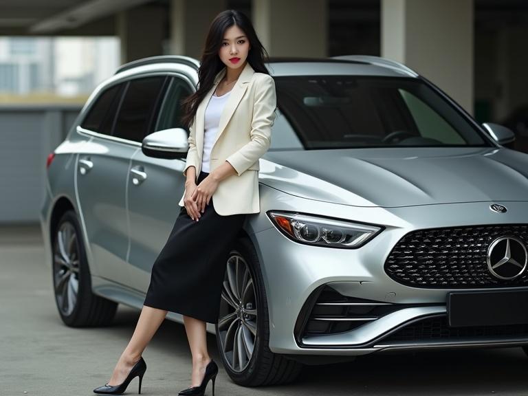 Glamorous young Chinese woman poses stylishly against the hood of a silver estate car in a parking garage. She wears a white blouse and black knee-length skirt with a white blazer draped over her shoulders. She stands in black closed-toe heels. The car gleams in the sunlight. The setting conveys luxury and elegance.