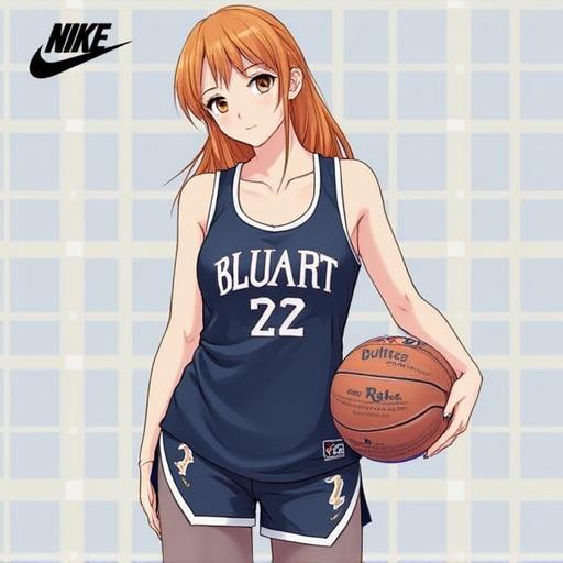 Anime-style illustration of a young woman wearing blue basketball jersey with number 22 and holding a basketball. Character has long orange hair. Background features a grid pattern.