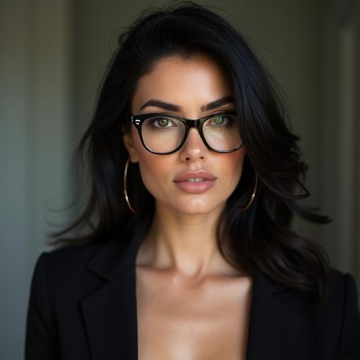 A confident female politician with black hair wearing glasses and a stylish blazer. She has a captivating expression and is posed against a neutral background.