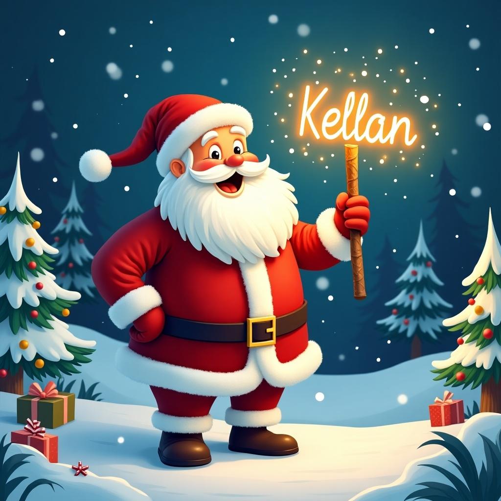 Cheerful Santa Claus in snowy landscape. Santa holds a glowing stick writing name Kellan. He wears classic red and white outfit. Festive elements include snow-covered trees and decorations. Warm glow creates magical atmosphere. Illustration captures spirit of Christmas.