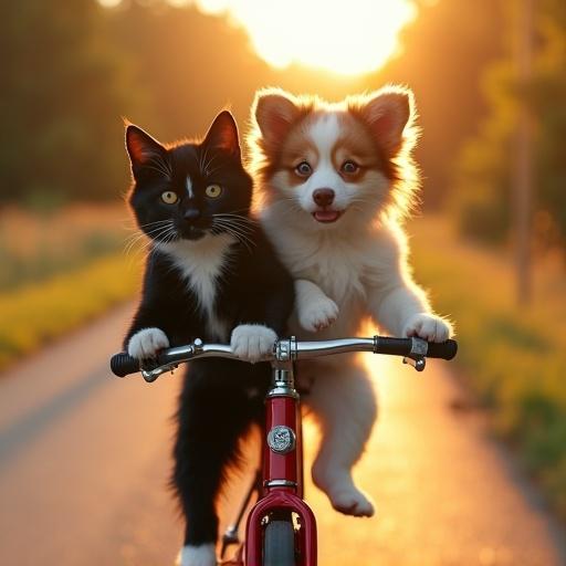 A black and white tuxedo cat and a fluffy brown-and-white puppy ride a vintage red bicycle. They joyfully travel down a sunlit country road. Wind ruffles their fur in the golden hour light. Motion blur adds a dynamic feel. Shallow depth of field emphasizes their playful nature.