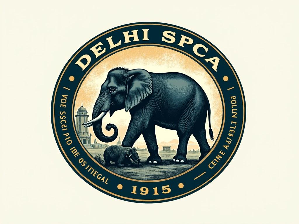 Logo featuring an elephant and calf with historical architecture, labeled 'Delhi SPCA 1915'.