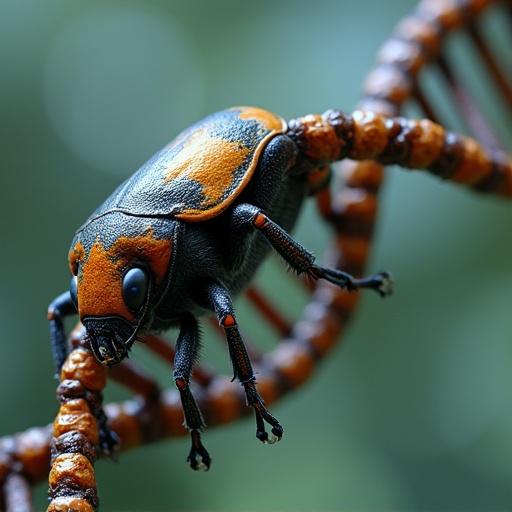 Image of a DNA strand transforming into a beetle. Detailed macro view showing characteristics of both forms. Vivid colors with a clear focus on details.