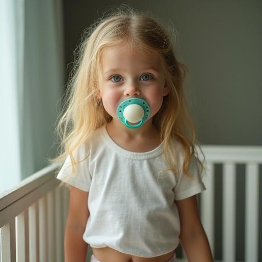 Girl with long blonde hair wearing crop top and underwear stands in crib. Emerald green eyes visible. Natural light from window enhances scene. Pacifier in mouth adds innocence.