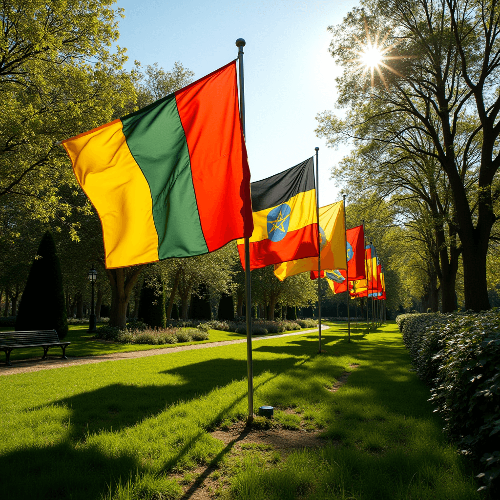 A row of colorful flags waving in a sunlit park with lush green grass and trees.