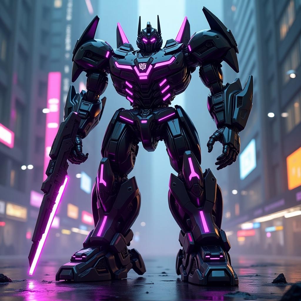 A massive Transformer-style robot inspired by a black panther. The robot features a sleek, metallic body with sharp contours. Glowing purple accents highlight the robot's strength and advanced design. It holds a futuristic weapon, standing heroically in a high-tech city at night. Neon lights reflect off its armor, creating a dramatic scene with hyper-realistic details.