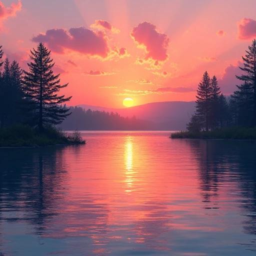 Visual of sunset over a lake. Impressionist style. Pink and gold water ripples. Trees silhouetted against the sky.